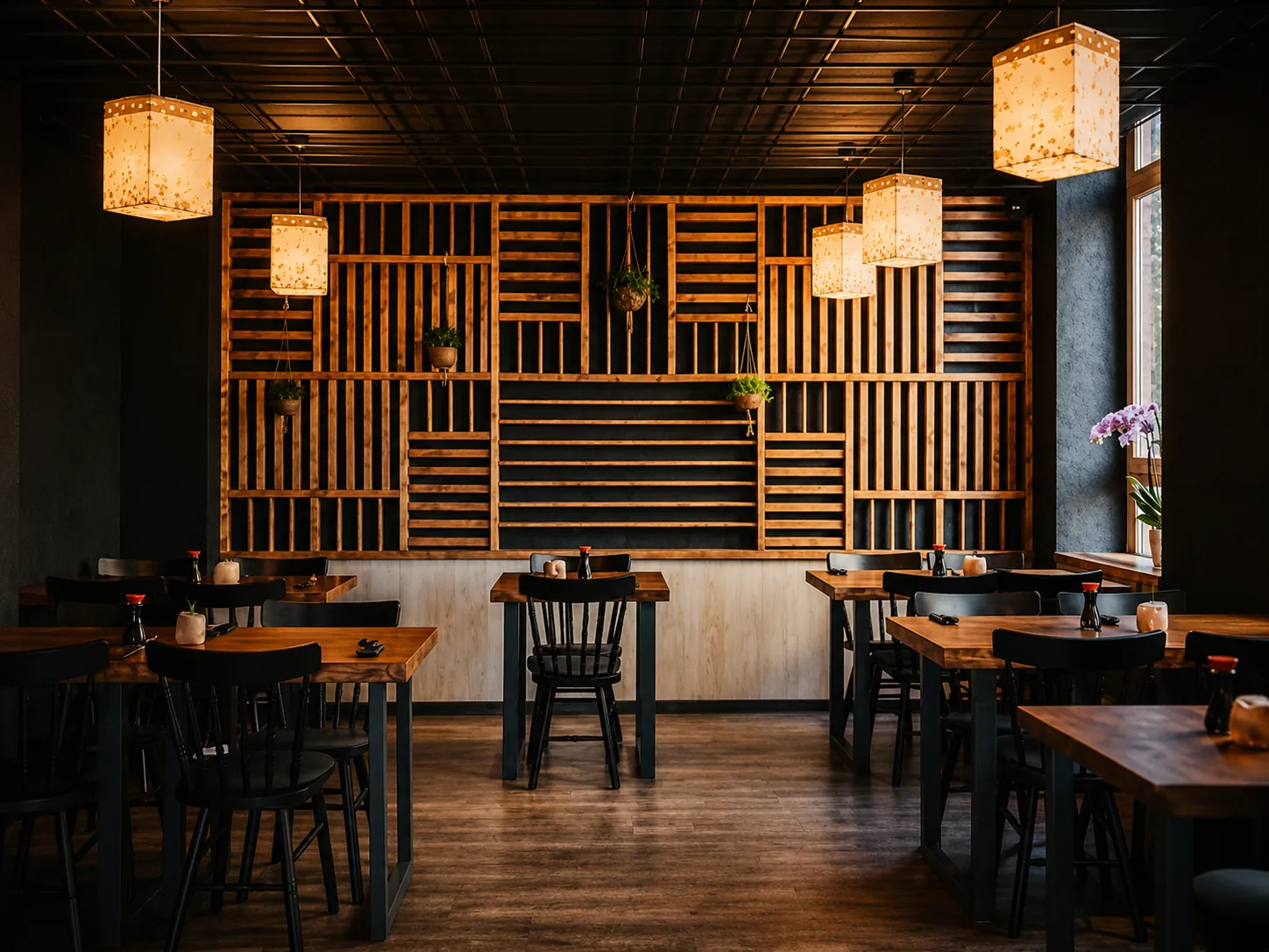 Warmer Speiseraum mit japanischen Holzlamellen