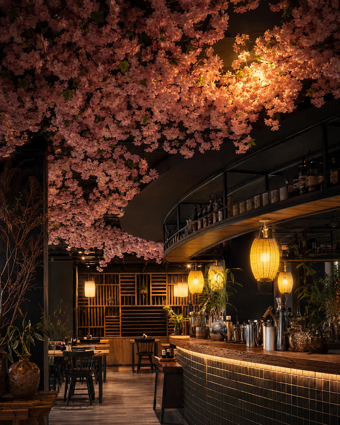 Pinkfarbene Blütendecke über der KIBI Bar