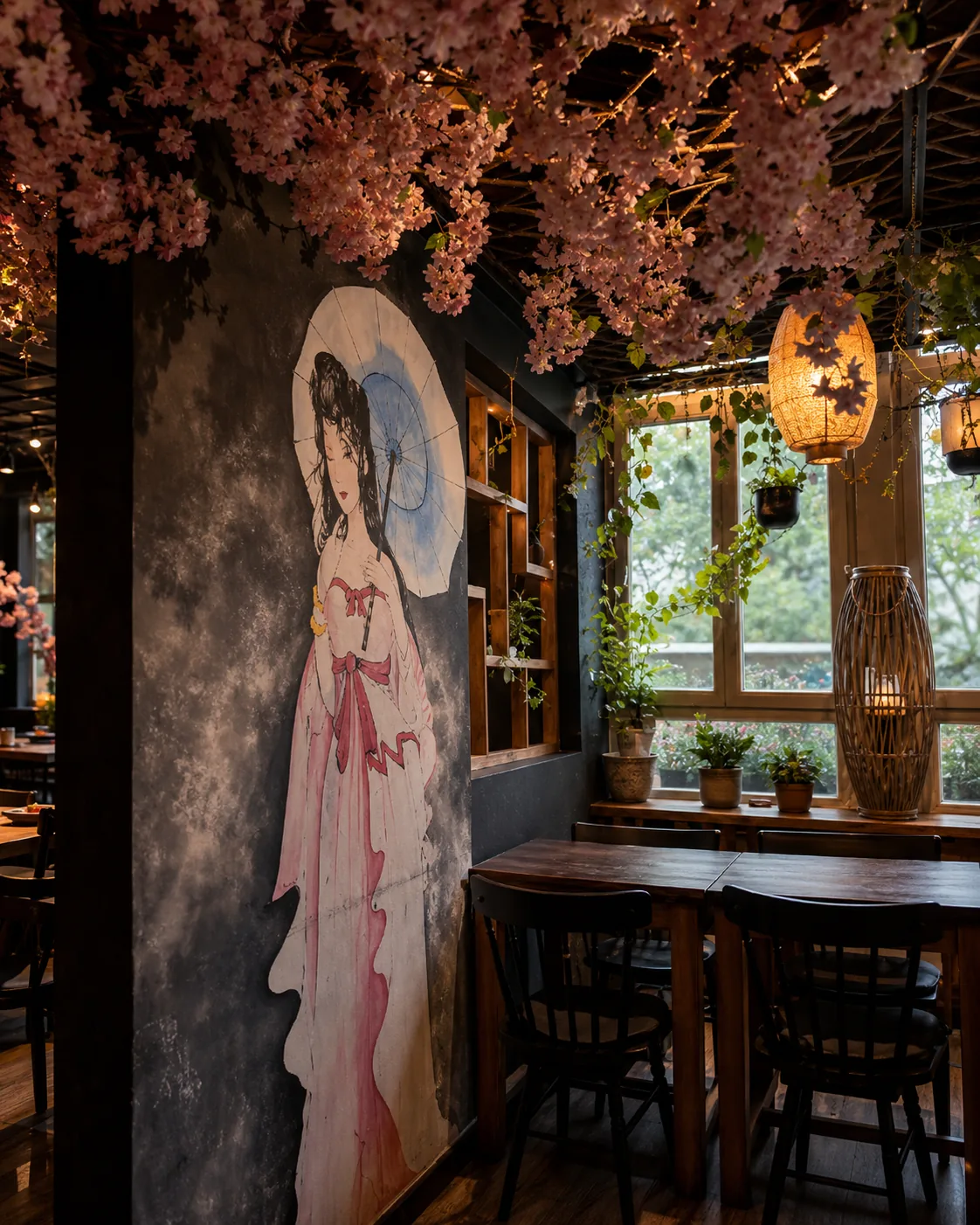 Japanische Wandkunst und Tisch unter Kirschblüten